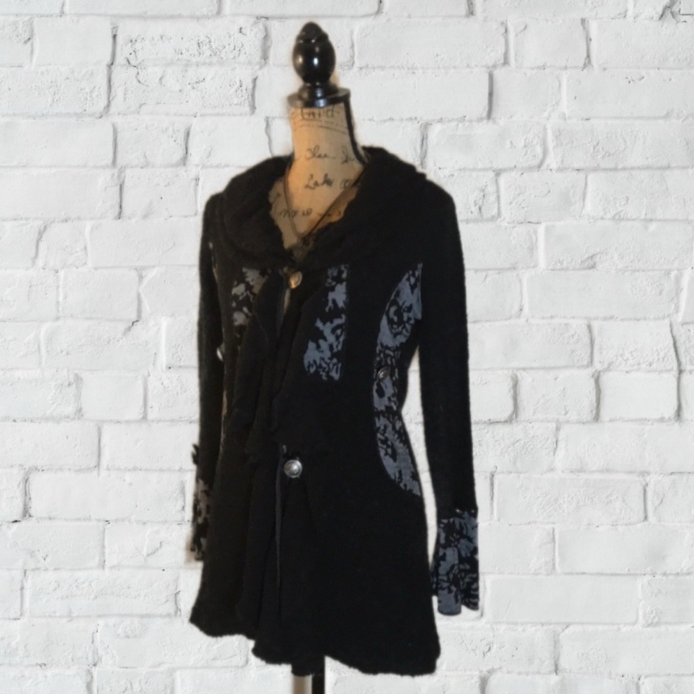 Upcycled FEELINGS black ruffle cardigan jumper M